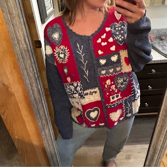 Cutest heart& floral  knit button down sweater cardigan XL Heirloom Collectables - Picture 7 of 8